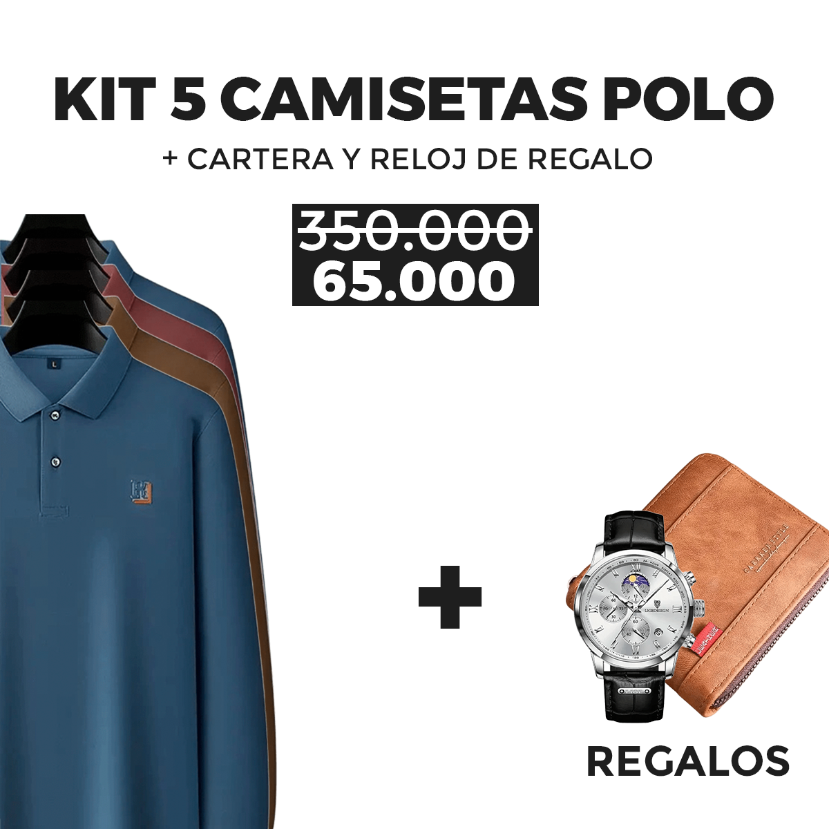 Kit de 5 Camisas: Polo de manga larga + Regalos: Reloj de lujo y Cartera | PROMOCIÓN ESPECIAL 30 AÑOS - ENVÍO GRATIS (promoción solo hoy)
