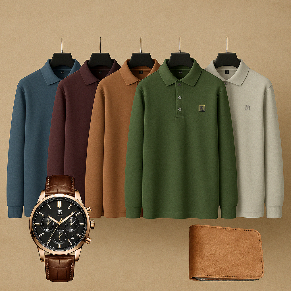 Kit de 5 Camisas: Polo de manga larga + Regalos: Reloj de lujo y Cartera | PROMOCIÓN ESPECIAL 30 AÑOS - ENVÍO GRATIS (promoción solo hoy)