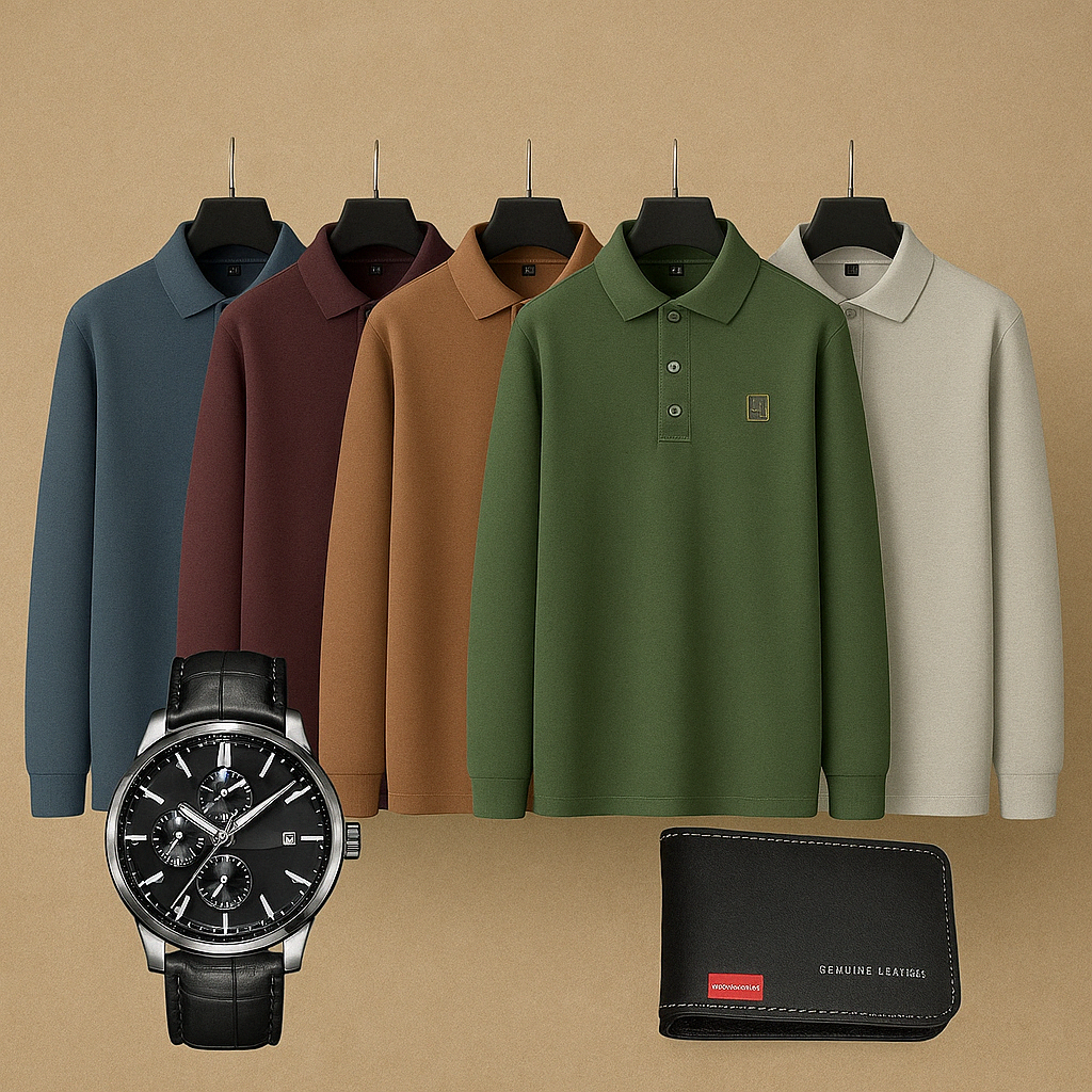 Kit de 5 Camisas: Polo de manga larga + Regalos: Reloj de lujo y Cartera | PROMOCIÓN ESPECIAL 30 AÑOS - ENVÍO GRATIS (promoción solo hoy)